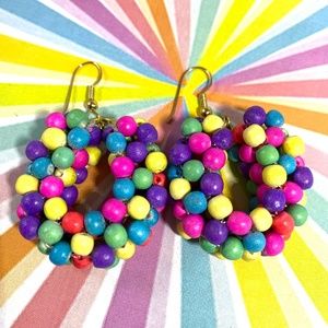 Vintage candy yum yum wooden multi colored bead hoop earrings 80s
